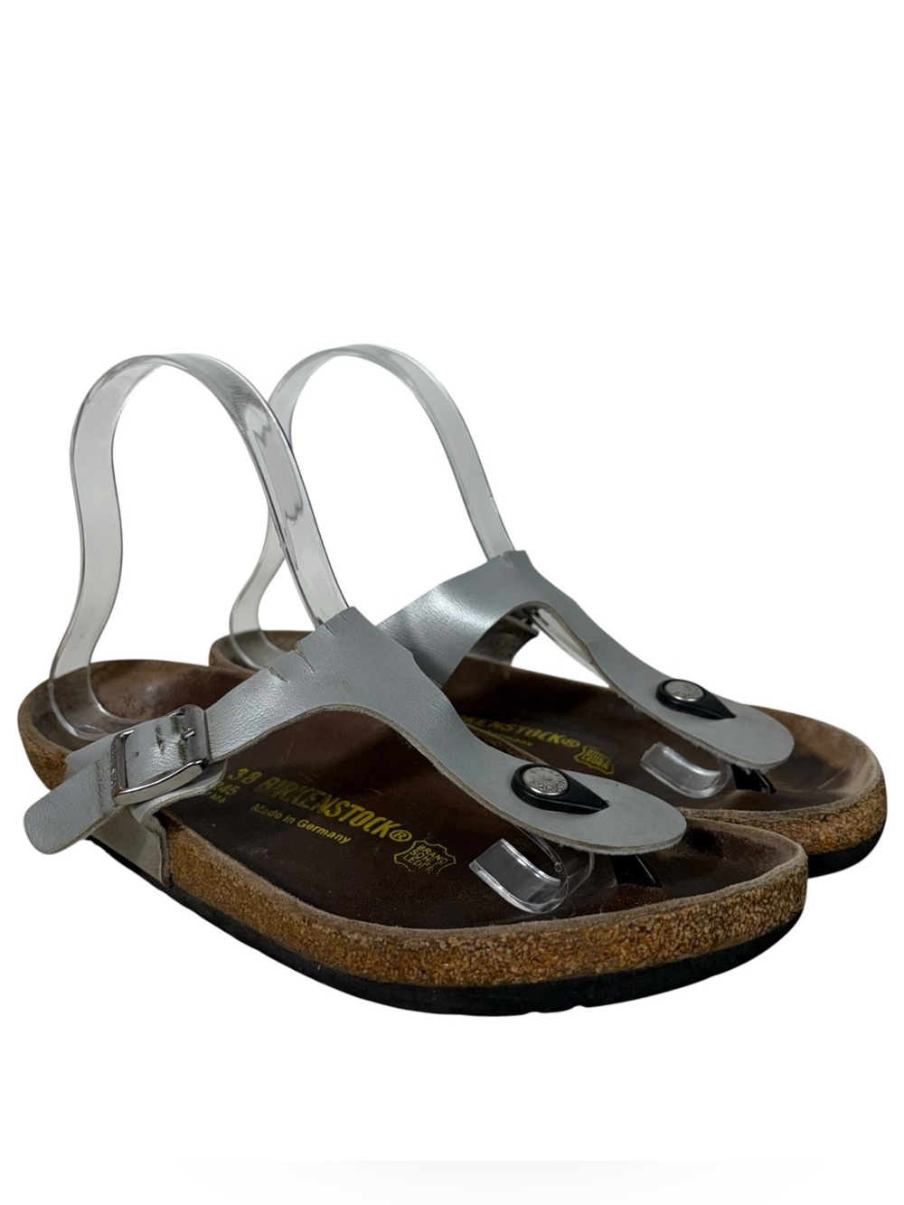 Birkenstock Gizeh Silver Leather Slip On Cork Bottom Sandals 38 L7/M6 *READ*